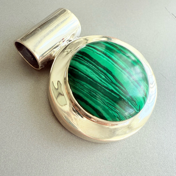 Large 44.89 CT Malachite Sterling Silver 925 Enhancer 1.75" Slide Pendant - Picture 2 of 7
